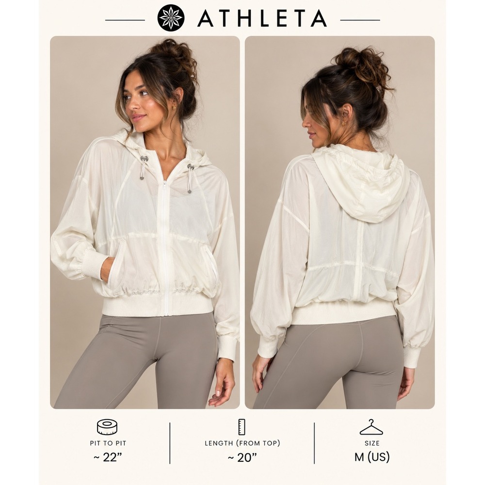 Athleta White Mesh Full Zip Hoodie Jacket Size M Cropped Lightweight Athleisure
